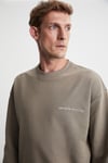 Raırok Erkek İçi Polarlı Comfort Bej Oversize Nakışlı Vizon Sweatshirt