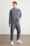 Raırok Erkek İçi Polarlı Comfort Bej Oversize Nakışlı Koyu Gri Sweatshirt