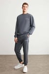 Raırok Erkek İçi Polarlı Comfort Bej Oversize Nakışlı Koyu Gri Sweatshirt