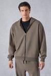 RALF Erkek Kapüşonlu Uzun Kol Baskı Detaylı Fermuarlı Oversize Koyu Kahverengi Sweatshirt