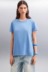 SAMANTHA Kadın Comfort Fit %100 Organik Pamuklu Basic Örme İndigo T-Shirt