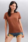 SAMANTHA Kadın Comfort Fit %100 Organik Pamuklu Basic Örme Kahverengi T-Shirt