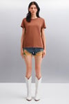 SAMANTHA Kadın Comfort Fit %100 Organik Pamuklu Basic Örme Kahverengi T-Shirt