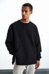 SANTIAGOS Erkek Kangruru Cepli Fermuar Detaylı Arkası Yazı Baskılı Siyah Sweatshirt