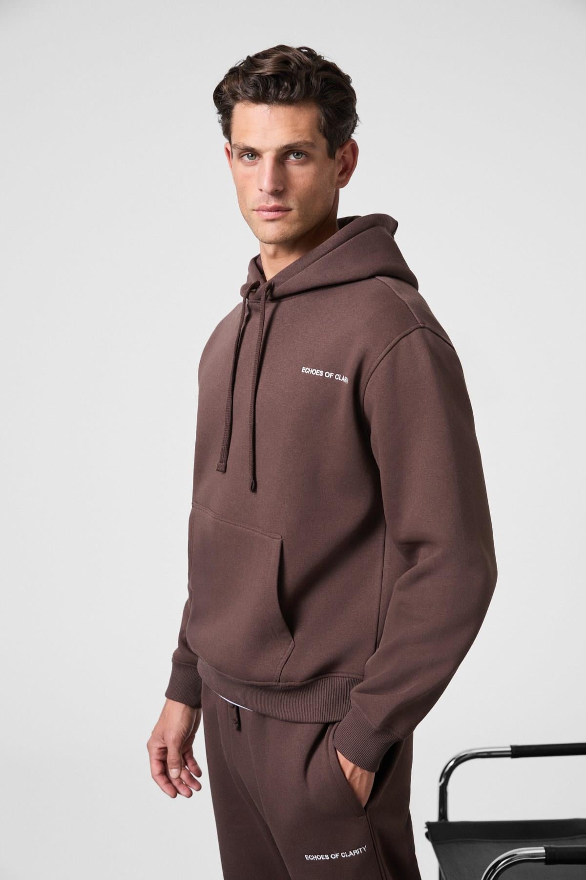 SCARN Erkek Pamuklu İçi Polarlı Nakışlı Kapüşonlu Relaxed Kahverengi Sweatshirt