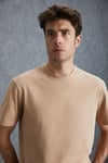 Solo Erkek %100 Organik Pamuklu Kalın Dokulu Comfort Fit Bisiklet Yakalı Bej T-Shirt