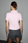 SOLVIA Kadın Polo Yaka Patlı Düğmeli Kısa Kollu Önde Nakış Detaylı Crop Pembe T-Shirt