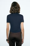 SOLVIA Kadın Polo Yaka Patlı Düğmeli Kısa Kollu Önde Nakış Detaylı Crop Lacivert T-Shirt