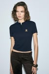 SOLVIA Kadın Polo Yaka Patlı Düğmeli Kısa Kollu Önde Nakış Detaylı Crop Lacivert T-Shirt