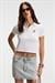 SOLVIA Kadın Polo Yaka Patlı Düğmeli Kısa Kollu Önde Nakış Detaylı Crop Beyaz T-Shirt