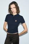 SOLVIA Kadın Polo Yaka Patlı Düğmeli Kısa Kollu Önde Nakış Detaylı Crop Lacivert T-Shirt