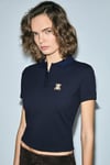 SOLVIA Kadın Polo Yaka Patlı Düğmeli Kısa Kollu Önde Nakış Detaylı Crop Lacivert T-Shirt