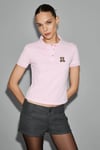 SOLVIA Kadın Polo Yaka Patlı Düğmeli Kısa Kollu Önde Nakış Detaylı Crop Pembe T-Shirt