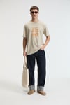 SWEET Erkek %100 Pamuk Oversize Fit Baskılı Kısa Kollu Yuvarlak Yakalı Taş Rengi T-Shirt