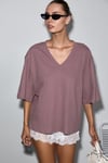 SYLORA Kadın Organik Pamuklu Keten Karışımlı V Yakalı Rahat Kalıp Mürdüm T-Shirt