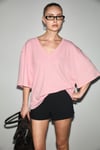 SYLORA Kadın Organik Pamuklu Keten Karışımlı V Yakalı Rahat Kalıp Pembe T-Shirt