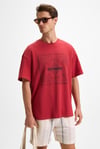 TEMPUS Erkek Baskı Detaylı %100 Organik Pamuk Bisiklet Yaka Oversize Fit Bordo T-Shirt