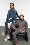 THALIA Kadın Arka Baskılı Ve Patch Detaylı Fermuarlı Dik Yakalı Antrasit Sweatshirt