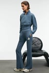 THALIA Kadın Arka Baskılı Ve Patch Detaylı Fermuarlı Dik Yakalı Petrol Mavisi Sweatshirt