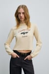TIMBALI Kadın %100 Pamuk Yumuşak Kumaşlı Baskılı Kol Ucu Lastikli Balon Kollu Krem T-Shirt
