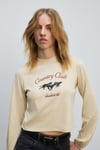TIMBALI Kadın %100 Pamuk Yumuşak Kumaşlı Baskılı Kol Ucu Lastikli Balon Kollu Krem T-Shirt