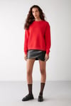 VANELTINA Kadın İçi Polarlı 3 İplik Organik Pamuk Oversize Basic Bisiklet Yaka Kırmızı Sweatshirt