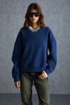 VANELTINA Kadın İçi Polarlı 3 İplik Organik Pamuk Oversize Basic Bisiklet Yaka Lacivert Sweatshirt