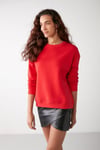VANELTINA Kadın İçi Polarlı 3 İplik Organik Pamuk Oversize Basic Bisiklet Yaka Kırmızı Sweatshirt