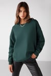 VANELTINA Kadın İçi Polarlı 3 İplik Organik Pamuk Oversize Basic Bisiklet Yaka Koyu Yeşil Sweatshirt