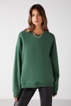 VANELTINA Kadın İçi Polarlı 3 İplik Organik Pamuk Oversize Basic Bisiklet Yaka Yeşil Sweatshirt