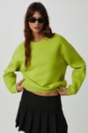 VANELTINA Kadın İçi Polarlı 3 İplik Organik Pamuk Oversize Basic Bisiklet Yaka Fıstık Yeşili Sweatshirt