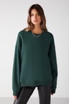 VANELTINA Kadın İçi Polarlı 3 İplik Organik Pamuk Oversize Basic Bisiklet Yaka Koyu Yeşil Sweatshirt
