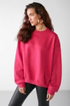 VANELTINA Kadın İçi Polarlı 3 İplik Organik Pamuk Oversize Basic Bisiklet Yaka Pembe Sweatshirt