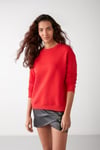 VANELTINA Kadın İçi Polarlı 3 İplik Organik Pamuk Oversize Basic Bisiklet Yaka Kırmızı Sweatshirt