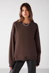 VANELTINA Kadın Organik Pamuklu Yumuşacık İçi Polarlı Yuvarlak Yakalı Kahverengi Sweatshirt