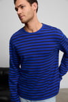 VIGOS Erkek %100 Organik Pamuklu Yuvarlak Yakalı Regular Fit Uzun Kollu Mavi Çizgili T-Shirt