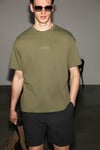 VITO Erkek %100 Organik Pamuklu Nakış Yazı Detaylı Oversize Bol Kesim Kısa Kollu Koyu Haki T-Shirt