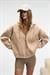 VYSELLE Kadın Önü Kesikli Metal Fermuarlı Kapüşonlu Etiket Detaylı Oversize Vizon Sweatshirt