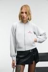 YASVELL Kadın Metal Fermuarlı Çift Cepli Nakış Detaylı Balon Kollu Bomber Grimelanj Sweatshirt