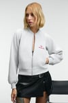 YASVELL Kadın Metal Fermuarlı Çift Cepli Nakış Detaylı Balon Kollu Bomber Grimelanj Sweatshirt