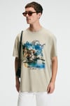 ZEST Erkek %100 Pamuk Oversize Fit Baskılı Kısa Kollu Yuvarlak Yakalı Taş Rengi T-Shirt