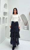 3877-SİYAH KAT KAT PUANTİYE DESEN  FIRFIRLI ŞİFON ETEK