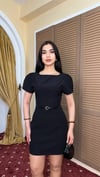 3904-SİYAH DOUBLE KUMAŞ PRENSES KOL ELBİSE