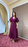 3909-BORDO DOUBLE KUMAŞ KENDİNDEN BROŞ KEMERLİ ELBİSE