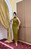 4023-Haki Halter Yaka Göbek Aksesuar Detaylı Flok Baskı Tül Elbise