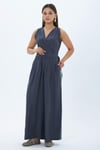 4088-Füme V Yaka Kemerli Geniş Paça Tulum