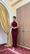 4102-Bordo Halter Yaka Boyundan Bağlamalı Fukuro Elbise