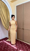4102-Sarı Halter Yaka Boyundan Bağlamalı Fukuro Elbise