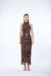 4111-Halter Yaka Aksesuar Detaylı Leopar Elbise