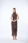 4111-Halter Yaka Aksesuar Detaylı Leopar Elbise